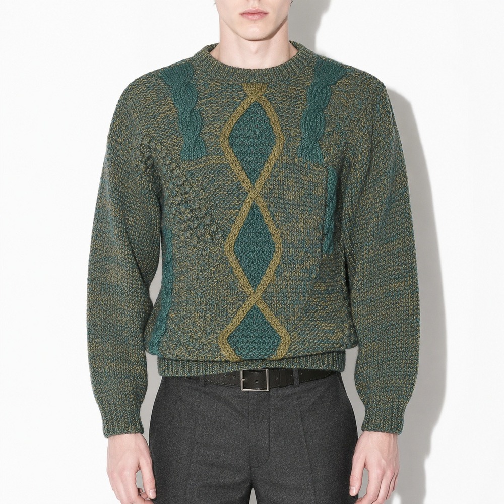 80s Vintage Popcorn Knit Sweater Mens M Teal Green Cable Tweed Peter England